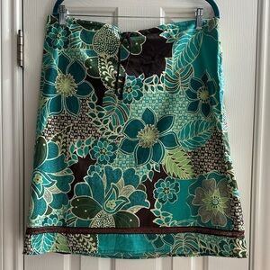 St. John's Bay Floral Midi Cotton Skirt Teal Brown Large Y2K 2000s Casual